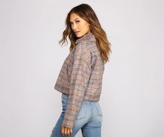 Perf Look In Plaid Oversized Cropped Jacket