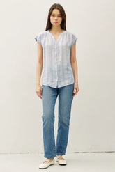 STRIPED MANDARIN COLLAR LINEN SHIRT