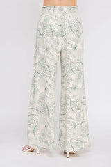PRINTED LINEN SMOCKED TIE WAIST WIDE LEG PANTS