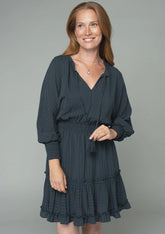 BOHO DOLMAN SLEEVE TIE FRONT SMOCKED MINI DRESS