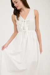 FRONT BOW TIE SLEEVELESS EYELET HEM MIDI DRESS