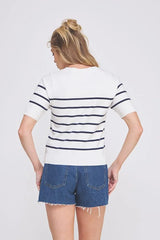 SOFT FINE SHORT SLEEVE STRIPED SWEATER TOP