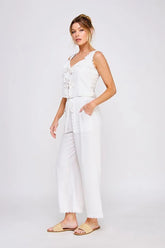 LINEN BLEND ELASTIC TIE WAIST WIDE LEG PANTS