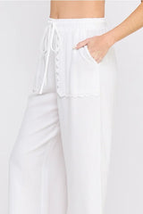 LINEN BLEND ELASTIC TIE WAIST WIDE LEG PANTS