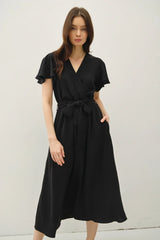 RUFFLE CAP SLEEVE V NECK TIE WAIST MIDI DRESS