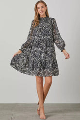 FLORAL PRINT SMOCKED YOKE TIERED DRESS