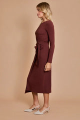 FRONT WRAP TIE LONG SLEEVE MIDI DRESS