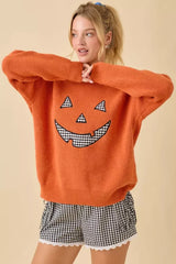 PUMPKIN FACE PATCHWORK SWEATER