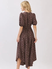 SHORT SLEEVE SELF COVER BUTTON DETAIL MIDI DRESS