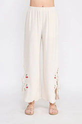 LINEN ELASTIC WAIST EMBROIDERED PANTS