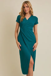 SHORT SLEEVE SURPLICE TWIST WRAP MIDI DRESS