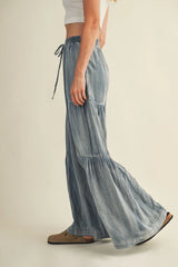 RUFFLED SIDE WASHED DENIM WIDE PANTS