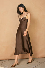 DULL SATIN LACE TRIM SLIP MIDI DRESS