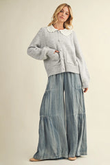 RUFFLED SIDE WASHED DENIM WIDE PANTS
