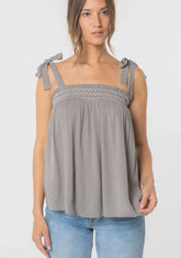 BOHEMIAN TIE SHOULDER SMOCKED TANK TOP