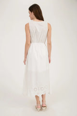 FRONT BOW TIE SLEEVELESS EYELET HEM MIDI DRESS