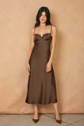 DULL SATIN LACE TRIM SLIP MIDI DRESS