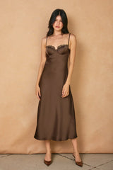 DULL SATIN LACE TRIM SLIP MIDI DRESS