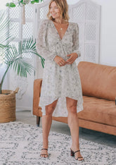 FLORAL PRINT LONG SLEEVE HI LOW MIDI DRESS