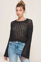 LONG FLARED SLEEVE OPEN WEAVE SWEATER