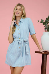 PINSTRIPE COLLARED HALF SLEEVE MINI SHIRT DRESS