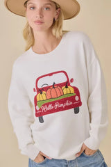 PUMPKIN TRUCK EMBROIDERED PATCHWORK SWEATER