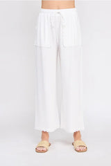 LINEN BLEND ELASTIC TIE WAIST WIDE LEG PANTS