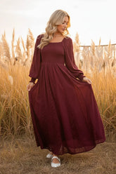 LACE INSET SMOCKED MAXI DRESS