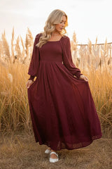 LACE INSET SMOCKED MAXI DRESS