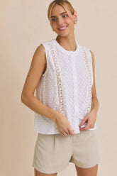 ROUND NECK LACE TRIM DETAIL BUTTON UP EYELET TOP