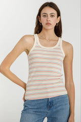 RIBBED COTTON MULTI STRIPED TANK TOP