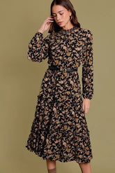 LONG SLEEVE KENICE MOCK NECK DRESS BLACK CAMEL PRINT