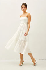 SHEER SMOCKED BODICE MIDI DRESS