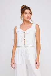 LINEN BLEND LACE UP TIE FRONT TANK TOP