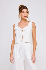 LINEN BLEND LACE UP TIE FRONT TANK TOP