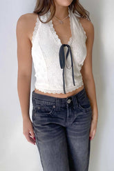 LACE TRIM EYELET HALTER TOP