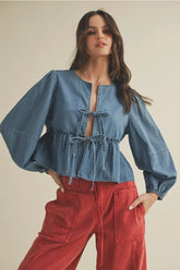 RUFFLE HEM TIE CLOSURE DENIM TOP