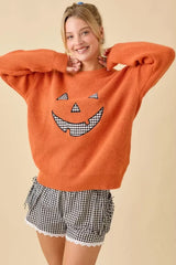 PUMPKIN FACE PATCHWORK SWEATER