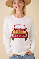 PUMPKIN TRUCK EMBROIDERED PATCHWORK SWEATER