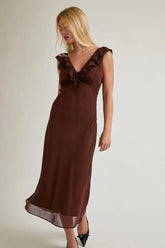 RUFFLED V-NECK BIAS MAXI DRESS