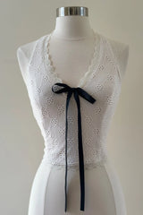 LACE TRIM EYELET HALTER TOP