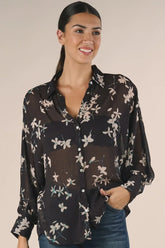 SHEER LONG SLEEVE BUTTON DOWN FLORAL TOP