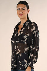 SHEER LONG SLEEVE BUTTON DOWN FLORAL TOP