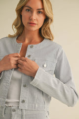 COLLARLESS CROPPED STRIPED JACKET DENIM