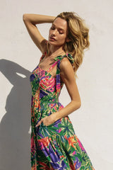 TROPICAL SMOCKED BACK TIE SHOULDER MAXI DRESS