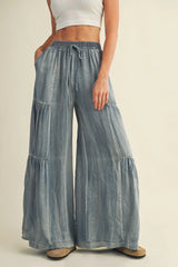 RUFFLED SIDE WASHED DENIM WIDE PANTS