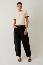 BARREL DENIM PANTS WITH LEOPARD PRINT PIPING