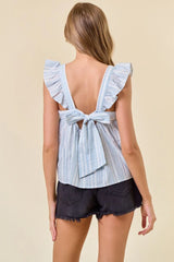 STRIPED RUFFLE CAP SLEEVE TIE BACK DETAIL TOP
