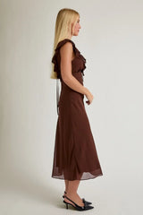 RUFFLED V-NECK BIAS MAXI DRESS
