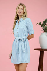 PINSTRIPE COLLARED HALF SLEEVE MINI SHIRT DRESS